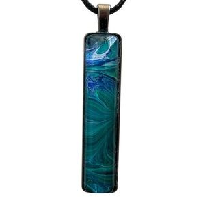 Handmade Teal and Blue Fluid Art Bar Pendant Necklace